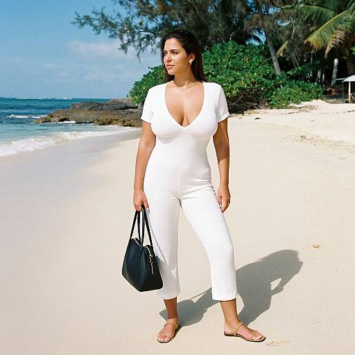 Photograph of a curvy woman with medium skin tone, dark hair, wearing a deep V-neck white jumpsuit, holding a black handbag,