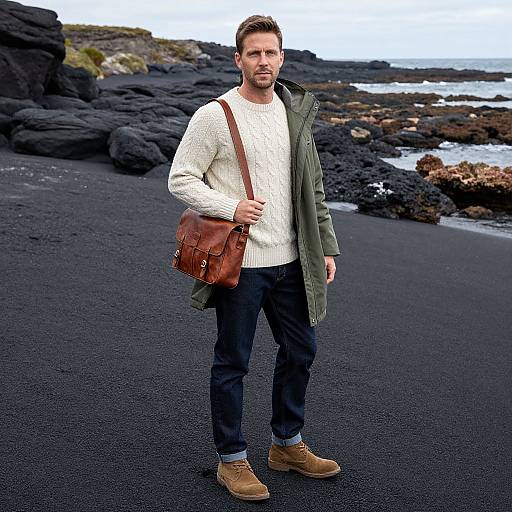 Photograph of a bearded man with short brown hair, wearing a green jacket, white sweater, black pants, brown boots, and brown leather s