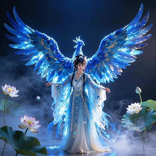 Digital artwork of a glowing, ethereal woman with radiant blue wings, wearing a flowing white and blue dress, surrounded by lotus flowers and mist.