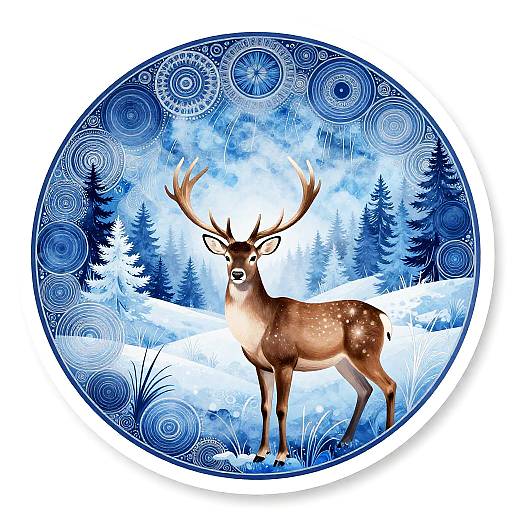 Blue Zentangle Winter Deer Landscape