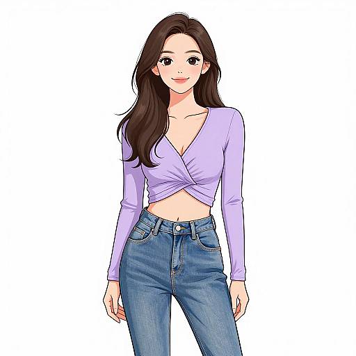 Digital anime-style drawing of a smiling woman with long brown hair, wearing a purple wrap-top and blue jeans, against a white background.