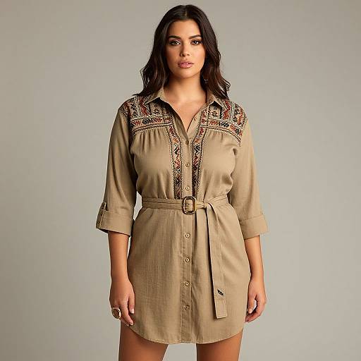 Photograph of a dark-haired woman with light skin wearing a beige, long-sleeved, belted dress with intricate black embroidery on the shoulders,