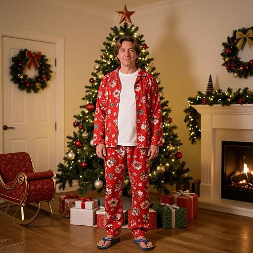 Photograph of a smiling man in red Christmas pajamas standing in a festive living room with a lit fireplace, decorated tree, wreaths, and wrapped
