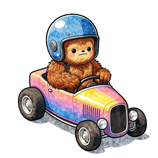 Funny Bigfoot Hotrod Watercolor Illustration