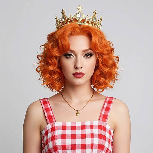 Curly-Haired Queen in Checkered Dress