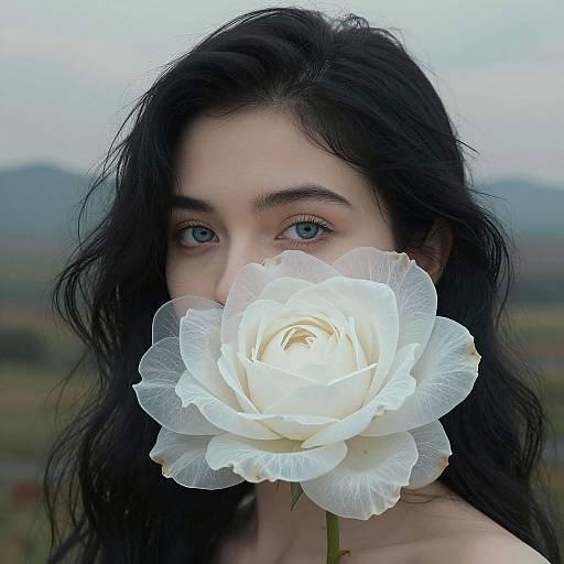Photograph of a woman with long black hair and blue eyes, holding a large white rose in front of her face, set against a blurred outdoor background