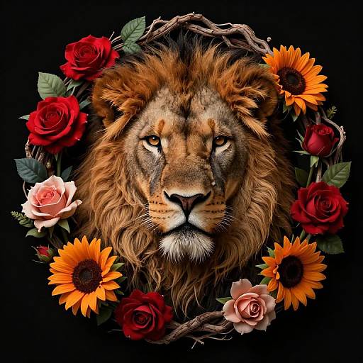 Majestic Lion with Floral Frame