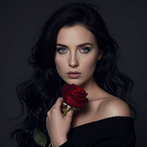 Photograph of a pale-skinned woman with long, wavy black hair, blue eyes, and an off-shoulder black sweater, holding a