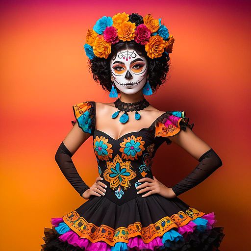 Cheerful Young Woman in Catrina Costume