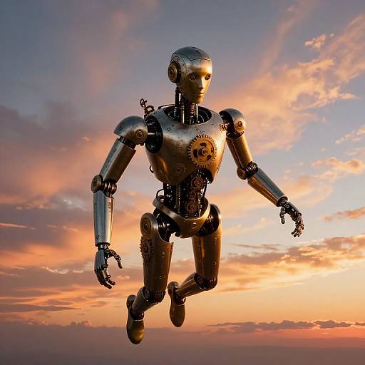 Photograph of a silver robotic humanoid with visible gears, floating mid-air against a vibrant sunset sky with orange and pink clouds.