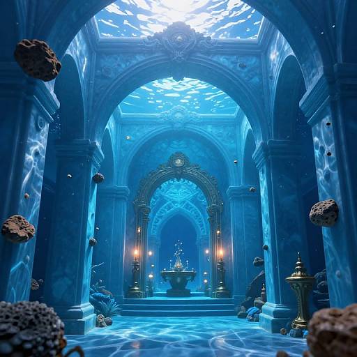 Photorealistic digital art of a blue-lit, ornate, arched cathedral interior with marble columns, floating coral-like objects, a central altar