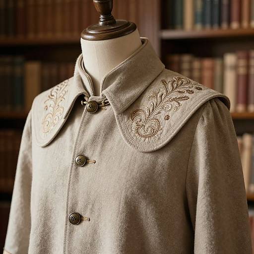 Photograph of an ornate, light gray, Victorian-style coat with embroidered floral patterns on the shoulders, displayed on a mannequin in a library