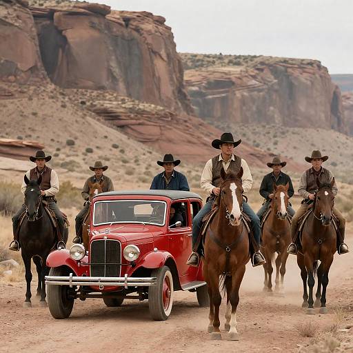 Cowboys Chase Vintage Car in Desert