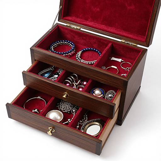 Photograph of an open, dark wooden jewelry box with red velvet lining, displaying various bracelets, rings, and pearl necklaces in three drawers.