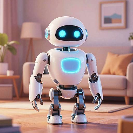 CGI image of a white, humanoid robot with glowing blue eyes and chest panel, standing in a warmly lit, modern living room.