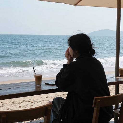Silhouetted person with messy hair, black jacket, and jeans, sits at beachside table, phone to ear, drink with straw nearby,