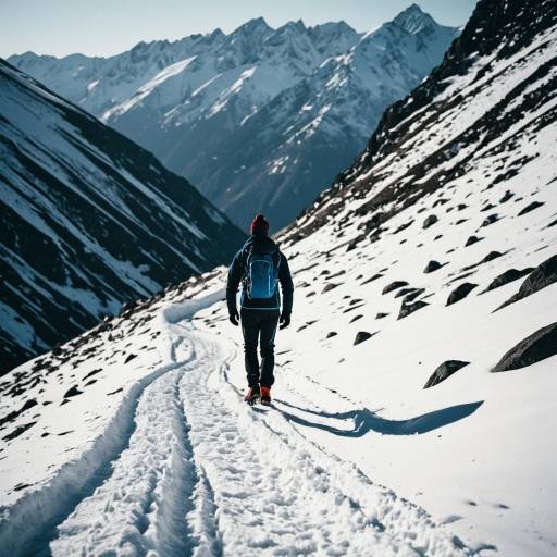 Athlete Hiking on Snowy Mountain Path