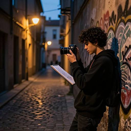 Photograph of a young man with curly hair, wearing a black hoodie, photographing graffiti on a cobblestone alley at dusk.