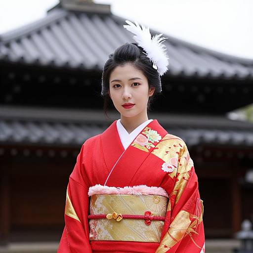 Person in Red Gold Kimono with Feathers