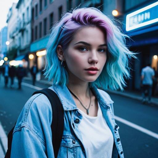 Young woman with pastel hair in urban street