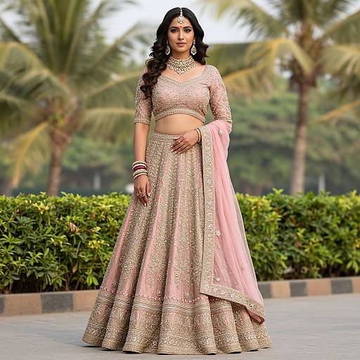 Elegant Woman in Pink Gold Lehenga