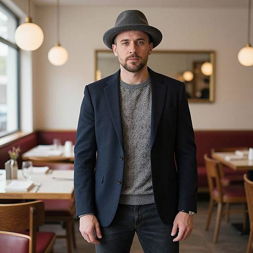 Photograph of a bearded man with a gray hat, black blazer, and gray sweater standing in a warmly lit, modern café.