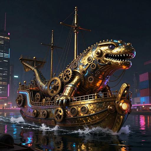 Colossal Clockwork Leviathan in Neon Harbor