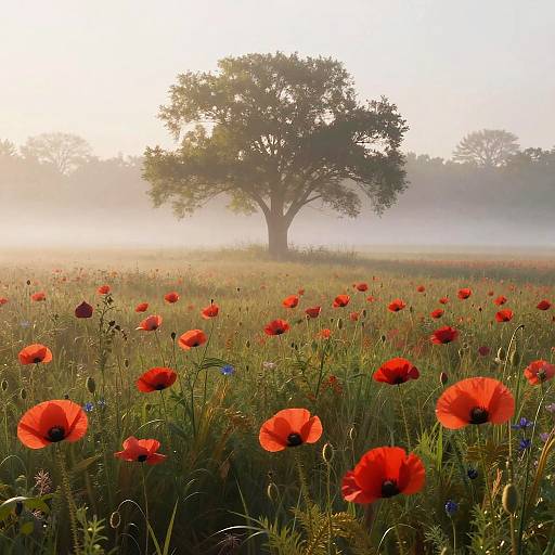 Misty Meadow with Crimson Poppies