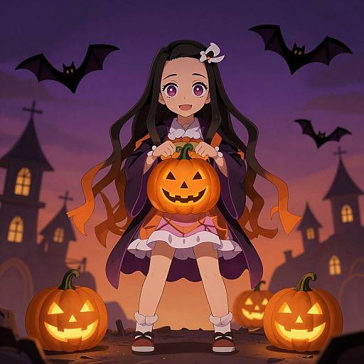 Anime-style digital artwork of a cute girl with long black hair, holding a glowing jack-o'-lantern, surrounded by bats and carved pumpkins.