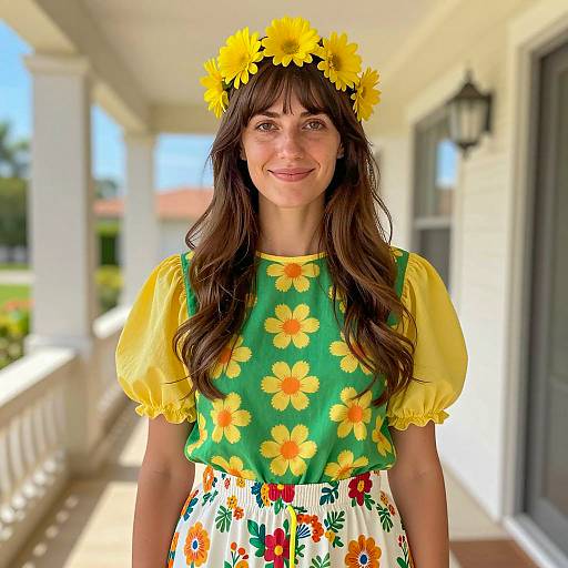 Woman in Flower Power Outfit with Yellow Flower Headband