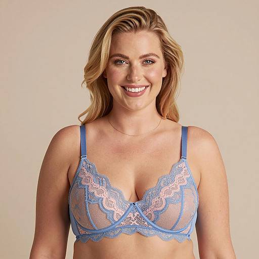 Smiling Blonde Woman in Blue and Pink Lace Bra