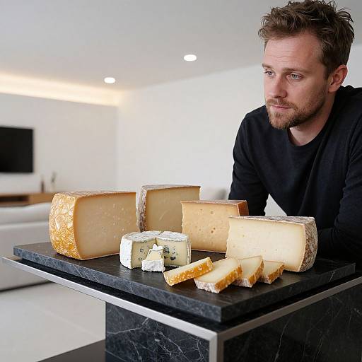 Photograph of a bearded man in a black shirt examining various types of cheese on a black marble table in a modern, white-lit kitchen.