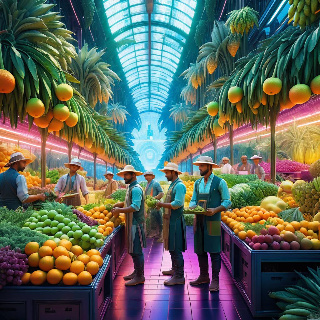 Futuristic Farmers in a Vibrant Market