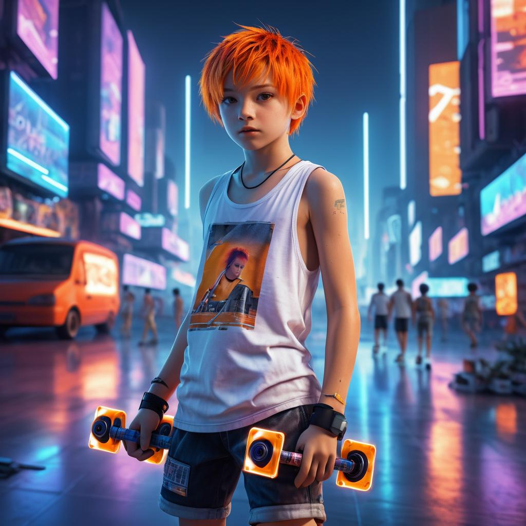 Cyberpunk Boy with Skateboard in Neon City