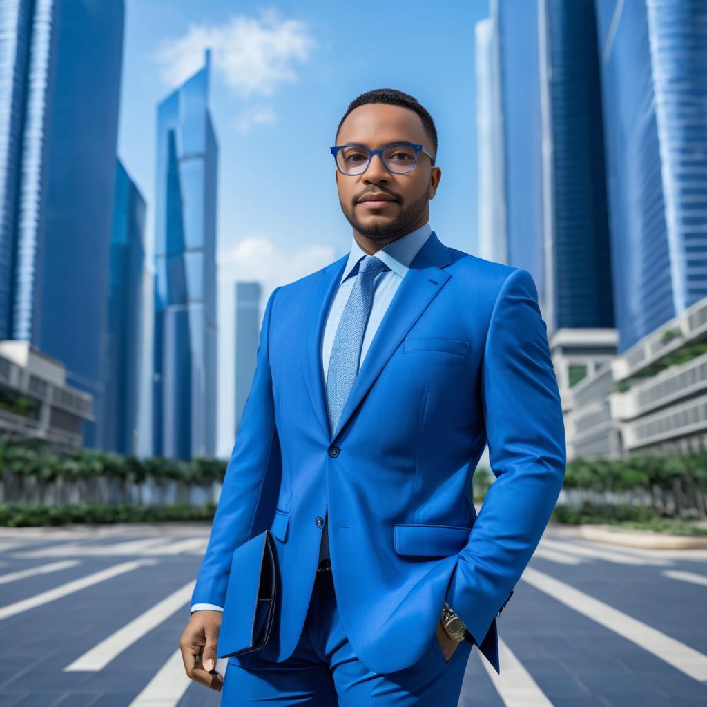 Man in Blue Suit Against City Skyline