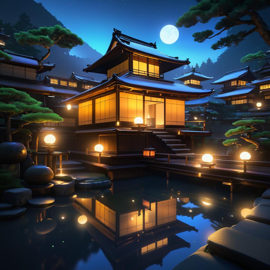 Serene Nighttime Onsen Escape Concept Art