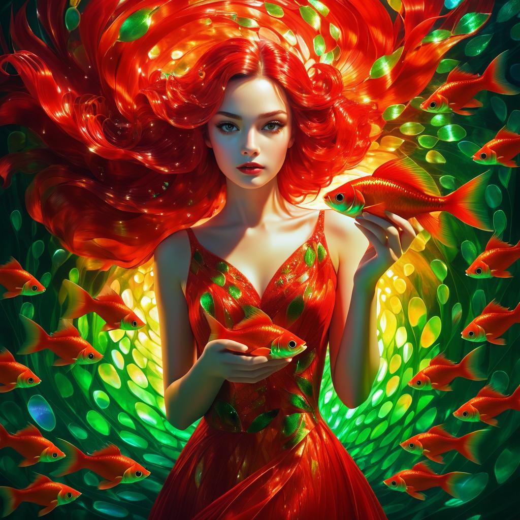 Surreal Woman in Red with Goldfish