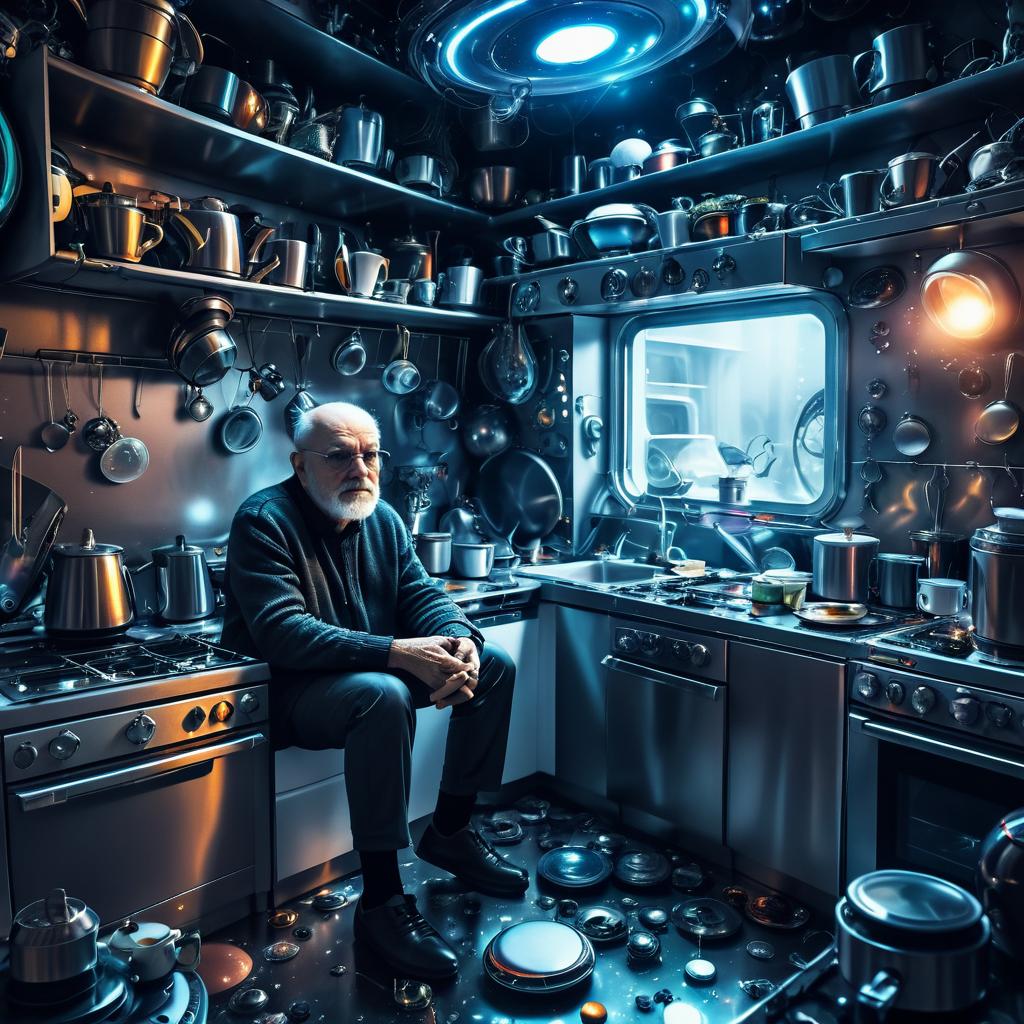 Grumpy Alien in a Cluttered Spaceship Kitchen