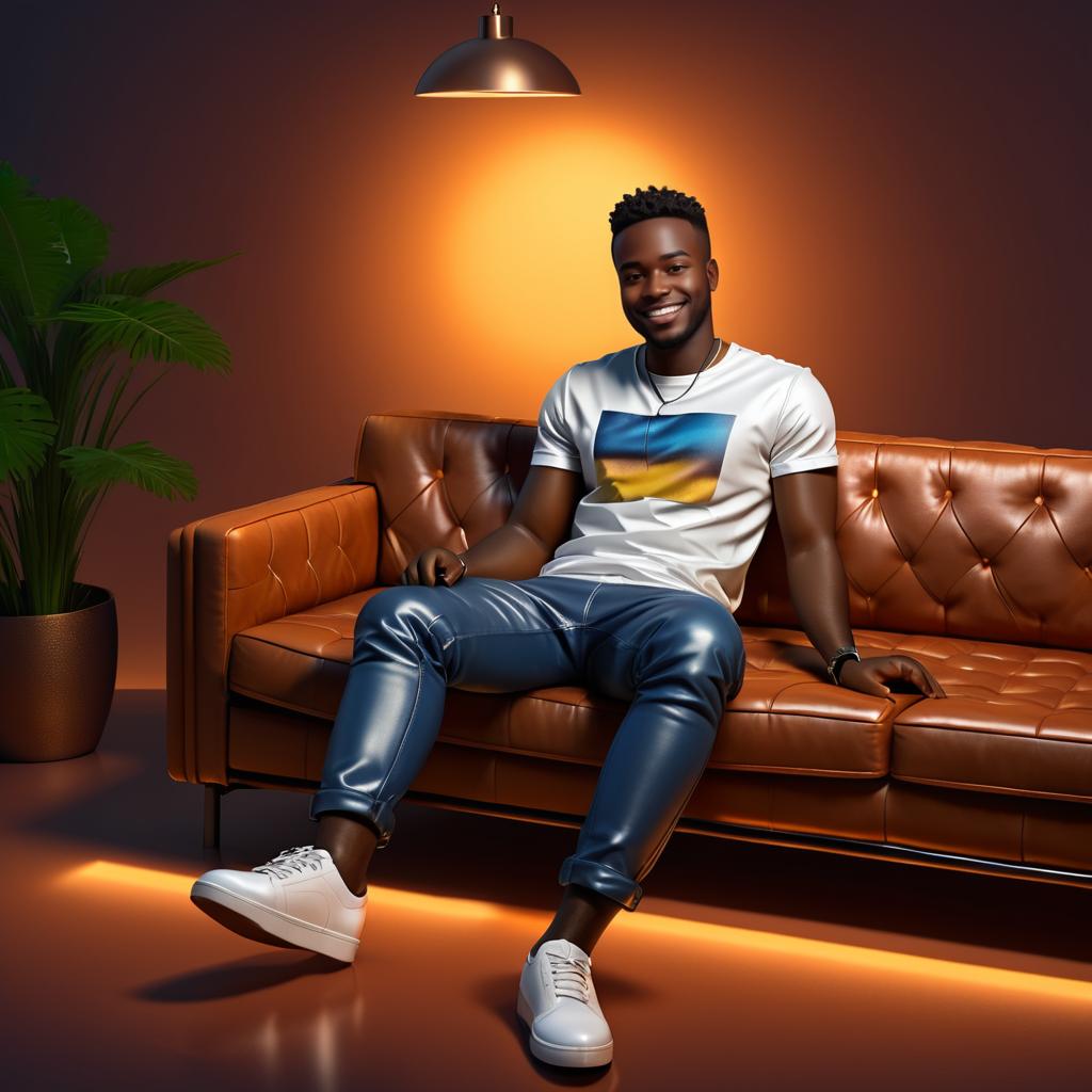 Confident African Man on Leather Sofa