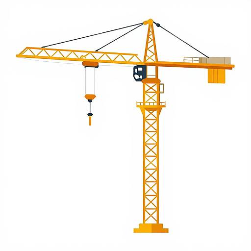Digital illustration of a bright yellow construction crane with a long arm, suspended hook, and small control cabin on a white background.