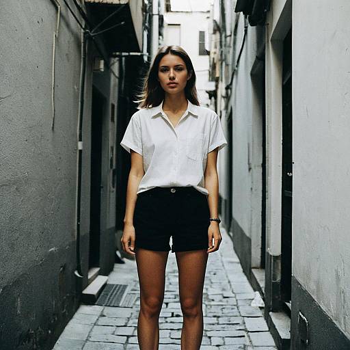 Photograph of a tall, slim woman with straight brown hair, wearing a white short-sleeve shirt and black high-waisted shorts, standing