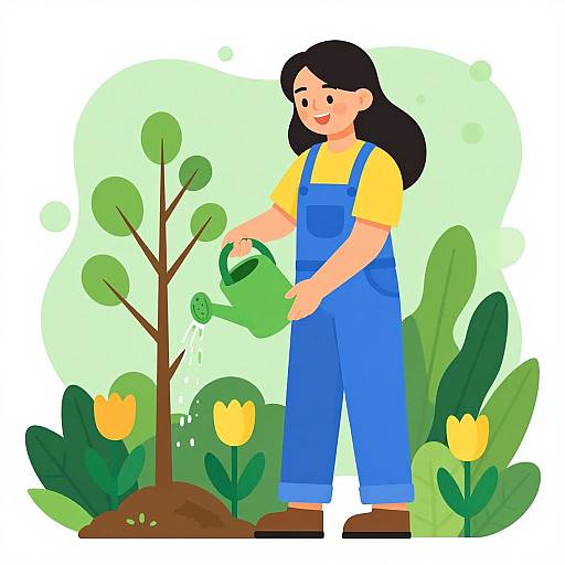 Digital illustration of a smiling woman with black hair, wearing blue overalls and yellow shirt, watering a young tree with a green watering can. Yellow tul