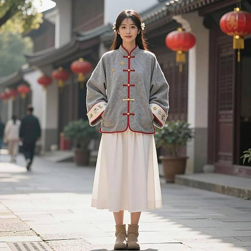 Asian Woman in Traditional Chinese Jacket on Sunny Street