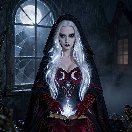 Photorealistic digital image of a pale, white-haired woman in a black hooded dress with red gloves, holding a glowing book under a moonlit