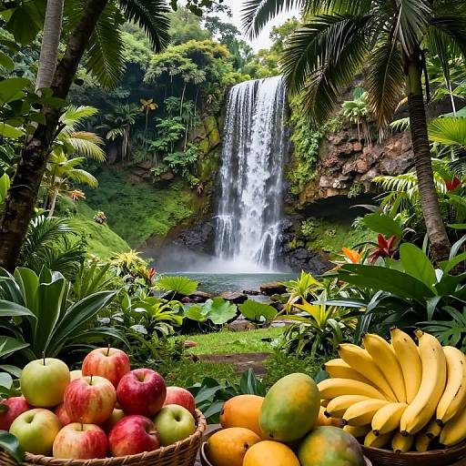Photograph of a lush tropical jungle with a cascading waterfall, surrounded by vibrant greenery. Foreground features a basket of apples, bananas, and