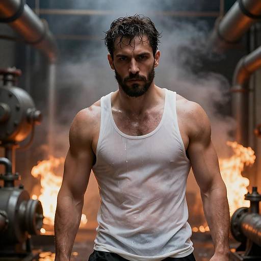 Muscular Man in Fiery Industrial Setting