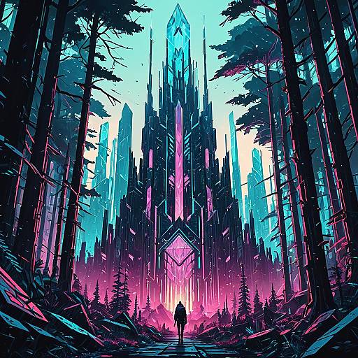 Cyberpunk Crystal Tower in Neon Forest