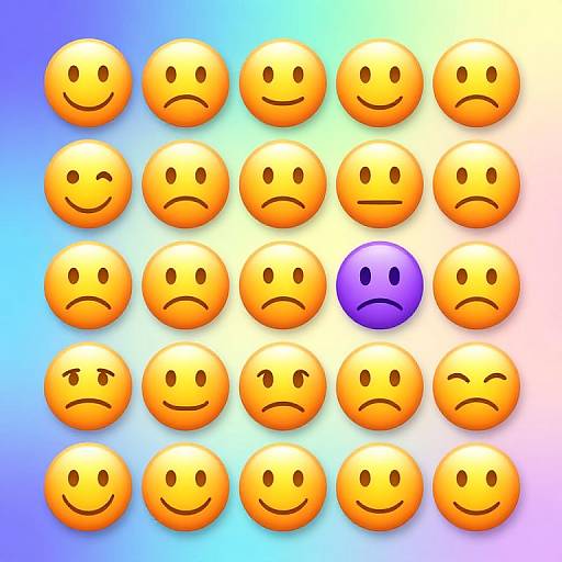 Grid of 16 yellow smiley faces with various expressions; one purple face stands out in the top right corner. Digital art with bright gradient background.