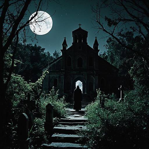 Moonlit Abandoned Monastery with Hooded Figure