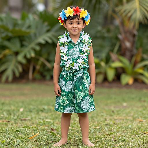 Photograph of a young boy with tan skin, wearing a green floral dress, flower crown, and standing barefoot on grass, with lush greenery